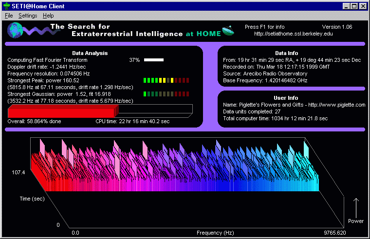 Screenshot of the free SETI at home screen saver which you can download to search for evidence of alien life on your computer.